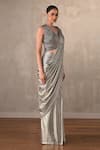 Onaya_Silver Lycra Sequins V-neck Pre-draped Saree And Embellished Blouse Set _Online_at_Aza_Fashions