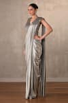 Buy_Onaya_Silver Lycra Sequins V-neck Pre-draped Saree And Embellished Blouse Set _Online_at_Aza_Fashions