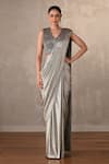 Buy_Onaya_Silver Lycra Sequins V-neck Pre-draped Saree And Embellished Blouse Set _at_Aza_Fashions