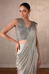 Shop_Onaya_Silver Lycra Sequins V-neck Pre-draped Saree And Embellished Blouse Set _Online_at_Aza_Fashions