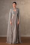 Buy_Onaya_Grey Crepe, Net Sequins, Beads, Embellished Pre-draped Saree Jacket Set _at_Aza_Fashions