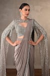 Shop_Onaya_Grey Crepe, Net Sequins, Beads, Embellished Pre-draped Saree Jacket Set _Online_at_Aza_Fashions