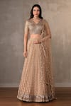 Buy_Onaya_Beige Organza Beads, Stones, Metallic Thread, Badla Moti Lehenga Set _at_Aza_Fashions