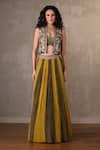 Buy_Onaya_Yellow Organza Embroidery, Sequins, Metallic Thread V-neck, Jacket Skirt Set _at_Aza_Fashions