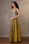 Buy_Onaya_Yellow Organza Embroidery, Sequins, Metallic Thread V-neck, Jacket Skirt Set _Online_at_Aza_Fashions