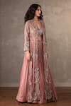 Onaya_Peach Crepe Mirrors, Sequins, Beads V-neck Work Jacket Lehenga Set _Online_at_Aza_Fashions
