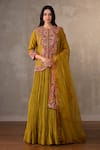 Buy_Onaya_Mustard Organza Embroidery, Applique, Sequins, Front Open Jacket Lehenga Set _at_Aza_Fashions