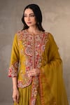 Shop_Onaya_Mustard Organza Embroidery, Applique, Sequins, Front Open Jacket Lehenga Set _Online_at_Aza_Fashions