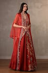 Onaya_Red Silk Zari, Embroidery, Sequins, Stones V-neck Zardosi Thread Lehenga Set _Online_at_Aza_Fashions