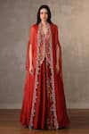 Buy_Onaya_Red Silk Zari, Embroidery, Sequins, Stones V-neck Zardosi Thread Lehenga Set _at_Aza_Fashions