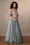 Onaya_Blue Satin, Chiffon Sequins, Beads, Pearls, Pleated Lehenga Blouse Set _Online_at_Aza_Fashions