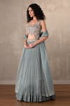 Buy_Onaya_Blue Satin, Chiffon Sequins, Beads, Pearls, Pleated Lehenga Blouse Set _Online_at_Aza_Fashions