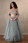 Buy_Onaya_Blue Satin, Chiffon Sequins, Beads, Pearls, Pleated Lehenga Blouse Set _at_Aza_Fashions