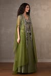 Onaya_Green Brocade Sequins, Embroidery, Stones Sweetheart Neck, Lehenga Set With Cape _Online_at_Aza_Fashions