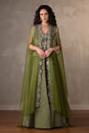 Buy_Onaya_Green Brocade Sequins, Embroidery, Stones Sweetheart Neck, Lehenga Set With Cape _at_Aza_Fashions