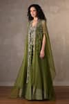Buy_Onaya_Green Brocade Sequins, Embroidery, Stones Sweetheart Neck, Lehenga Set With Cape _Online_at_Aza_Fashions