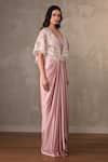 Onaya_Pink Satin Embroidery, Lace, Tassels V-, Open Cape And Draped Gown Set _Online_at_Aza_Fashions