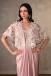 Shop_Onaya_Pink Satin Embroidery, Lace, Tassels V-, Open Cape And Draped Gown Set _Online_at_Aza_Fashions