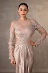 Onaya_Pink Sequins, Beads, Crystals, Feathers High , Round Embellished Gown _at_Aza_Fashions