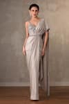 Buy_Onaya_Grey Satin Mirrors, Sequins Sweetheart Neck, One And Cheed Work Saree Gown _at_Aza_Fashions