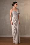 Buy_Onaya_Grey Satin Mirrors, Sequins Sweetheart Neck, One And Cheed Work Saree Gown _Online_at_Aza_Fashions