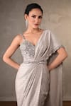 Shop_Onaya_Grey Satin Mirrors, Sequins Sweetheart Neck, One And Cheed Work Saree Gown _Online_at_Aza_Fashions