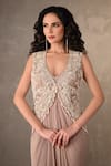 Shop_Onaya_Beige Lycra, Net Pearls, Mirrors, Sequins, Beads Embellished Jacket Gown Set _Online_at_Aza_Fashions