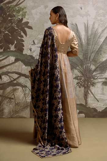 Shop_Parshya_Gold Brocade, Viscose Georgette Stones, Embroidery, Butti Anarkali With Dupatta _at_Aza_Fashions