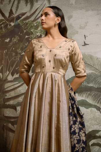 Parshya_Gold Brocade, Viscose Georgette Stones, Embroidery, Butti Anarkali With Dupatta _Online_at_Aza_Fashions