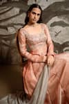 Parshya_Peach Brocade, Chiffon, Silk Embroidery Square Embellished Anarkali Palazzo Set _Online_at_Aza_Fashions