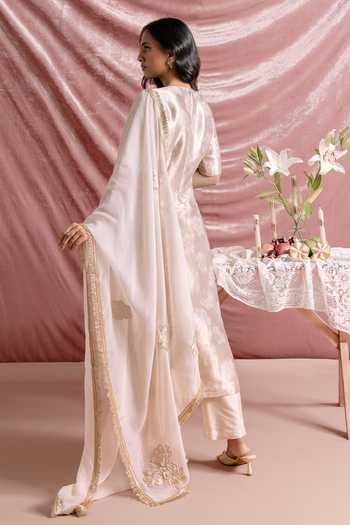 Shop_Parshya_Ivory Silk, Chiffon Embroidery, Fringe V-neck Scalloped Neckline Hand Kurta Set _at_Aza_Fashions