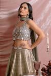 Parshya_Grey Brocade, Silk, Chiffon Mirrors, Embroidery, Droplet Boxy Blouse Lehenga Set _at_Aza_Fashions