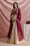 Buy_Parshya_Silver Brocade, Silk, Chiffon Beads, Pearls V-neck Geometric Woven Lehenga Set _at_Aza_Fashions