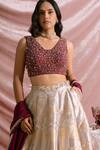 Buy_Parshya_Silver Brocade, Silk, Chiffon Beads, Pearls V-neck Geometric Woven Lehenga Set _Online_at_Aza_Fashions