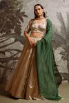 Buy_Parshya_Gold Silk, Chiffon Stones, Embroidery, Sequins, Fringe V-neck Hand Lehenga Set _at_Aza_Fashions