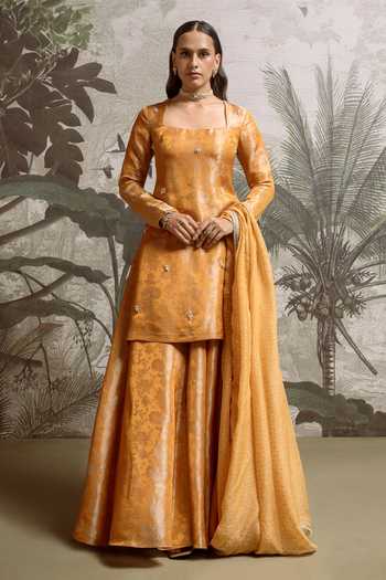 Buy_Parshya_Yellow Chiffon Pearls Square Neck Embellished Kurta Sharara Set _at_Aza_Fashions