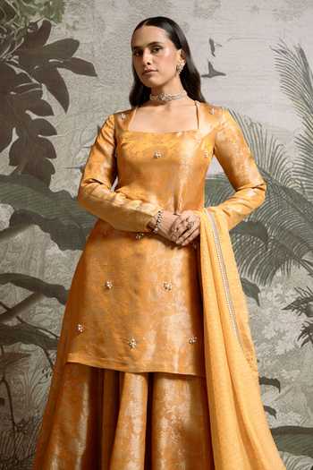 Shop_Parshya_Yellow Chiffon Pearls Square Neck Embellished Kurta Sharara Set _at_Aza_Fashions