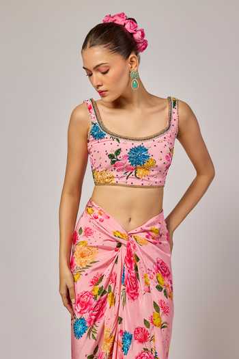 Krishna Padia_Pink Crepe Beads, Sequins, Embroidery Floral Printed Blouse And Draped Skirt Set _Online_at_Aza_Fashions