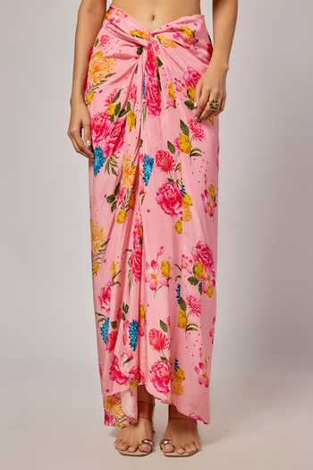 Buy_Krishna Padia_Pink Crepe Beads, Sequins, Embroidery Floral Printed Blouse And Draped Skirt Set _Online_at_Aza_Fashions