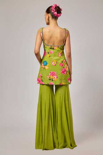 Shop_Krishna Padia_Green Crepe, Lurex, Georgette, Organza Floral Print Kurta Sharara Set _at_Aza_Fashions