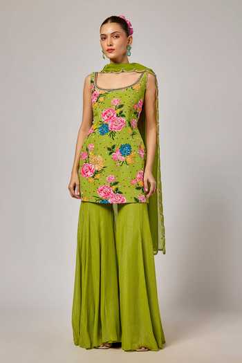 Buy_Krishna Padia_Green Crepe, Lurex, Georgette, Organza Floral Print Kurta Sharara Set _at_Aza_Fashions