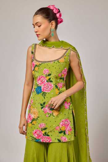 Krishna Padia_Green Crepe, Lurex, Georgette, Organza Floral Print Kurta Sharara Set _Online_at_Aza_Fashions