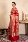 Zal From Benaras Red Silk, Satin Zari Banarasi Handloom Saree With Unstitched Blouse Piece Online at Aza Fashions Zal From Benaras_Red Silk, Satin Zari Banarasi Handloom Saree With Unstitched Blouse Piece _Online_at_Aza_Fashions