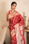 Shop Zal From Benaras Red Silk, Satin Zari Banarasi Handloom Saree With Unstitched Blouse Piece Online at Aza Fashions Shop_Zal From Benaras_Red Silk, Satin Zari Banarasi Handloom Saree With Unstitched Blouse Piece _Online_at_Aza_Fashions