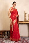 Zal From Benaras Red Chiffon, Silk Zari Banarasi Handloom Saree With Unstitched Blouse Piece Online at Aza Fashions Zal From Benaras_Red Chiffon, Silk Zari Banarasi Handloom Saree With Unstitched Blouse Piece _Online_at_Aza_Fashions