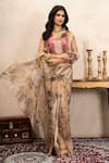 Buy_Zal From Benaras_Beige Organza Handloom Printed Saree With Unstitched Blouse Fabric _at_Aza_Fashions
