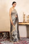 Zal From Benaras_Grey Tissue Zari, Fringe Banarasi Handloom Saree With Unstitched Blouse Fabric _Online_at_Aza_Fashions