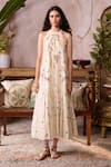 Buy_Grassroot By Anita Dongre_Ivory Chanderi, Cotton, Silk Embroidery Halter Dacelo Hand Sewa Tiered Dress _at_Aza_Fashions