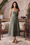 Buy_Grassroot By Anita Dongre_Green Linen, Cotton Square Neck Farley Handwoven Dress _at_Aza_Fashions