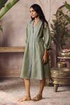 Grassroot By Anita Dongre_Green Linen, Cotton Embroidery V-neck Isylwn Handwoven Dress _Online_at_Aza_Fashions